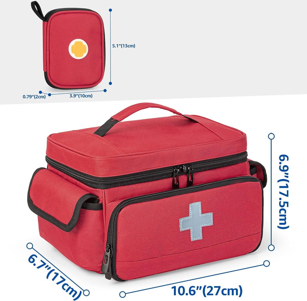 CURMIO Small First Aid Bag Empty, Family First Aid Kit Organiser Case with Mini Travel Medicine Pouch, Medicine Storage Bag for Home and Travel, Red (Patent Pending)