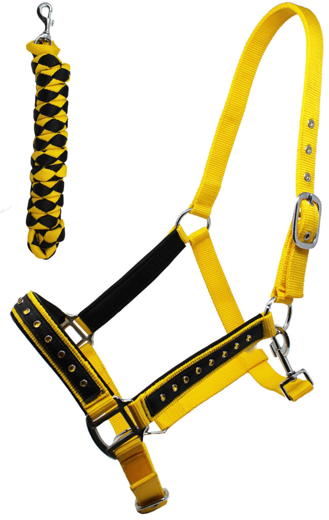 PRORIDER Nylon Horse Tack Nylon Padded Halter Yellow Rhinestones w/Lead Rope 606162