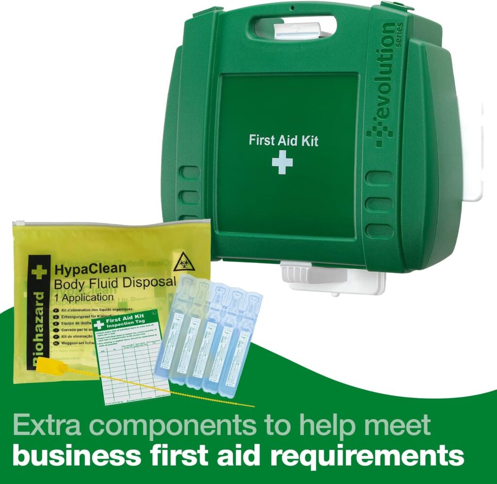 Safety First Aid Workplace First Aid Kit British Standard (Large 100 Persons) Wall Mountable with Inspection Tags, Extra Plasters, Eye Wash Pods, Body Fluid Disposal Pack