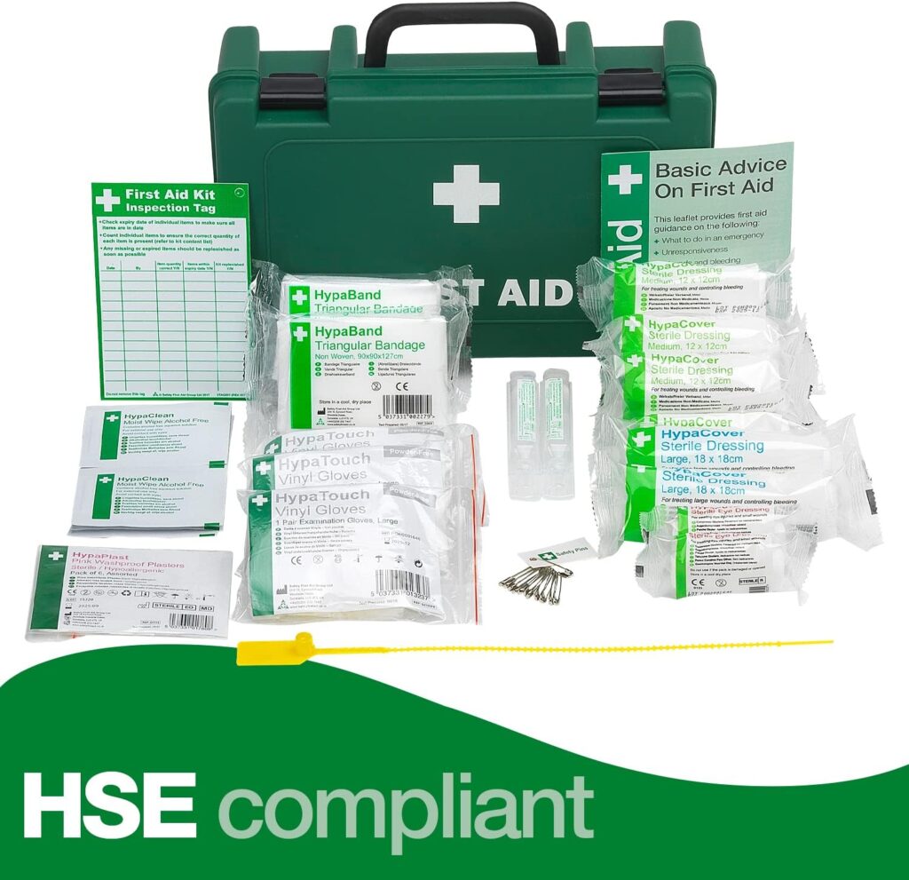 Safety First Aid Workplace First Aid Kit Small 1 - 10 Persons Economy HSE-Compliant with Inspection Tags, Wall Bracket, Extra Plasters