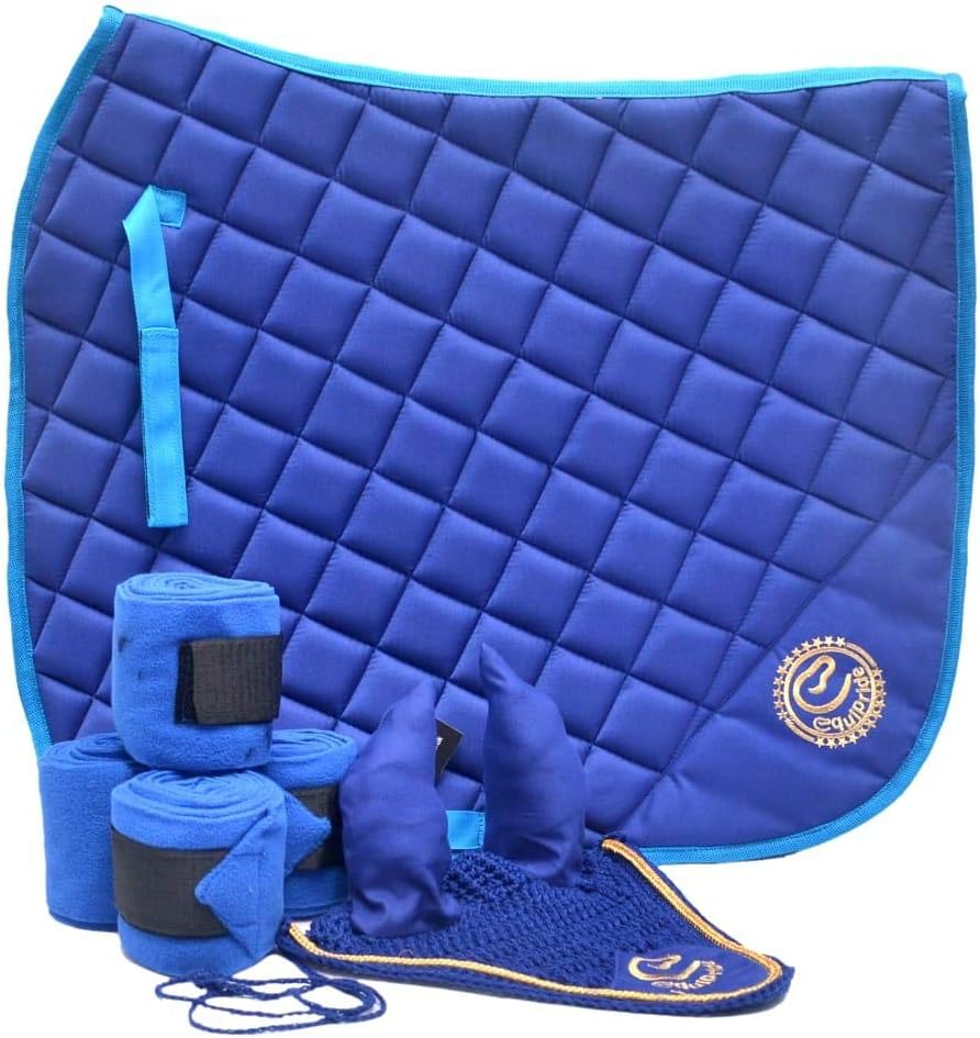 Equipride Dressage Saddle Pad Set with Matching Fly Veil Bandages Royal Blue (Pony)