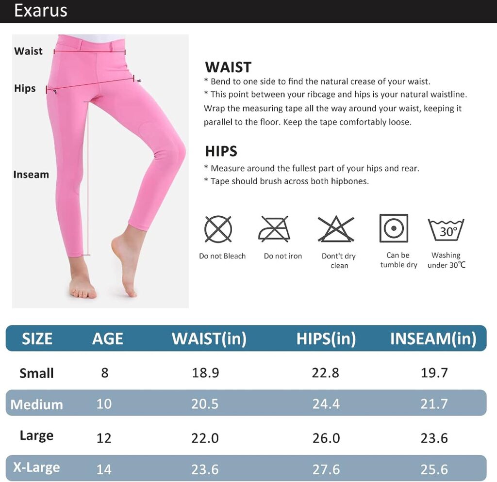 EXARUS Girls Horse Riding Pants Kids Equestrian Breeches Knee-Patch Youth Schooling Leggings with Zipper Pockets