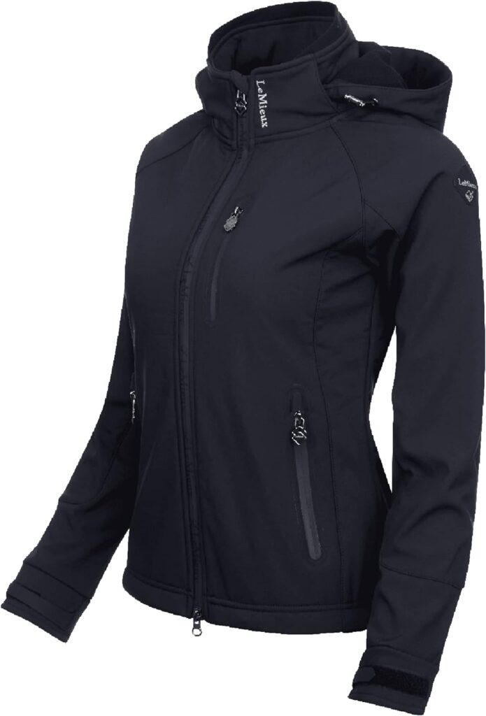 Womens Elite Soft Shell Jacket with Adjustable Cuffs and Detachable Hood - Breathable Horse Riding Coat - Water Resistant Ladies Outerwear