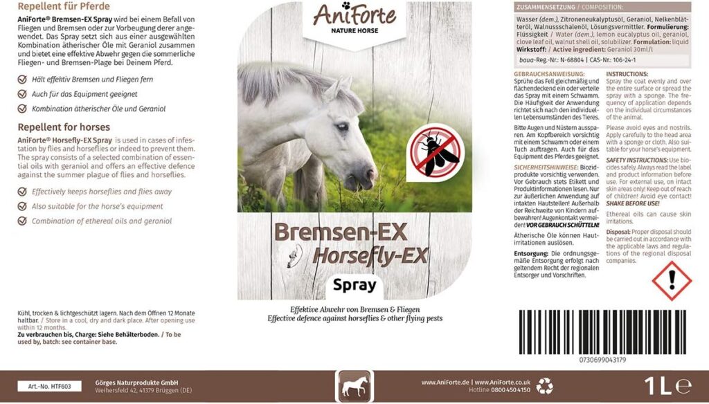 AniForte Horsefly EX Spray for horses ponies 1 L - Repellent spray against horseflies, flies mosquitoes, immediate long-term protection, repels biting insects