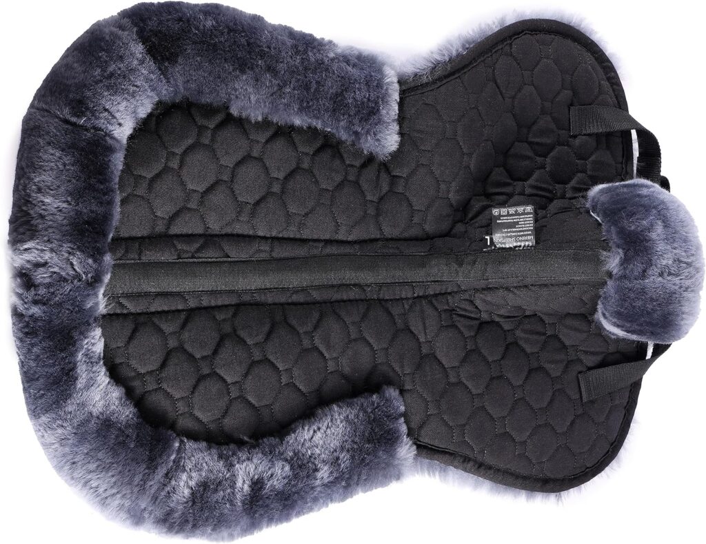 Merauno® Lambwool Half Pad Lambwool Saddle Pad Clear Spine Fully Lined Merino Wool Dressage Jumping Half Pads for Horses High Withers Spine Free (Medium, Anthracite Lambwool+Black Quilted Cotton)