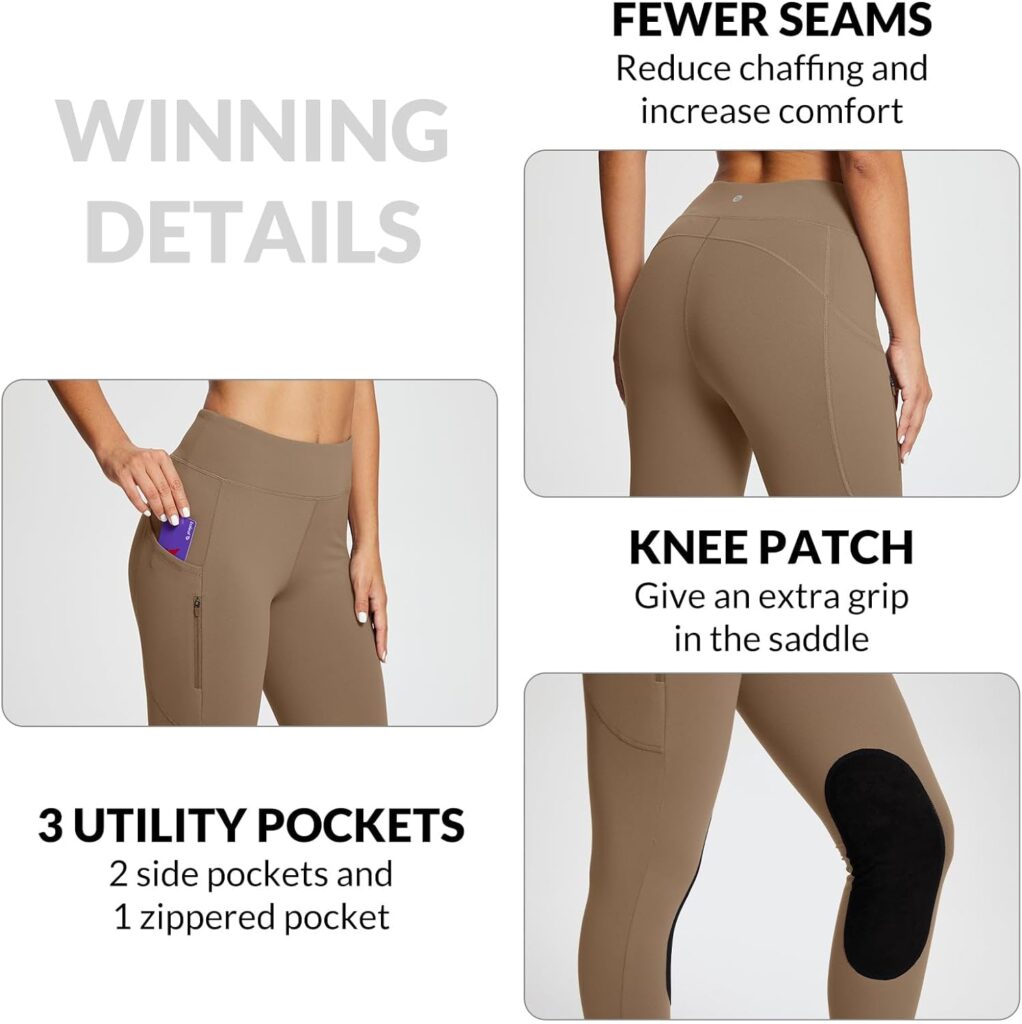 baleaf Fleece Lined House Riding Leggings Tights Ladies Water Resistant Knee-Patch Jodhpurs Winter Stretchy Breeches with Zip Pockets