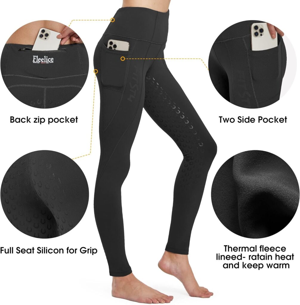 FitsT4 Womens Winter Full Seat Riding Tights Fleece Lined Horse Riding Pants Silicon Grip Horseback Equestrian Breeches with Pockets Black