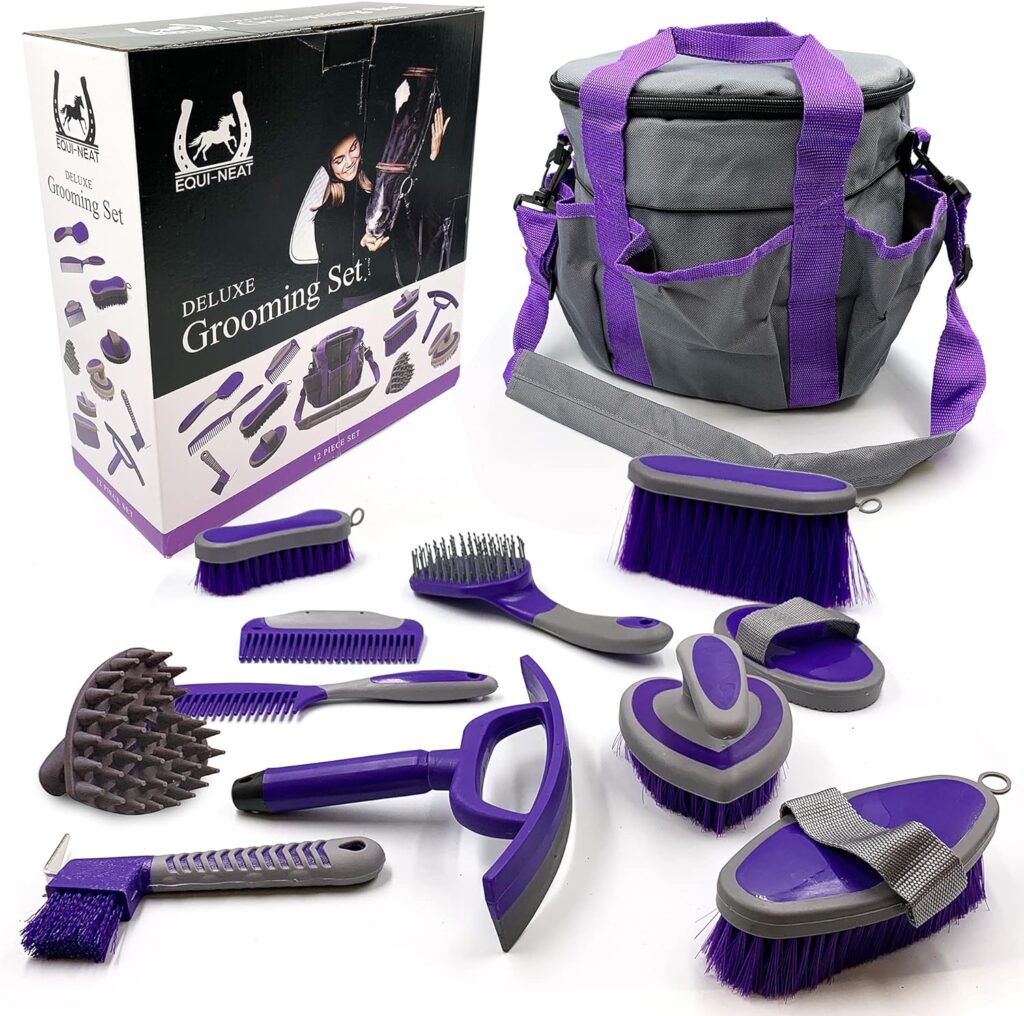 Equi-Neat Horse Grooming Kit – 12 Pieces Equestrian Grooming Gift Set that Includes All Types of Horse Hair Brush, Curry Comb, and Hoof Pick with a Multipurpose Horse Grooming Bag