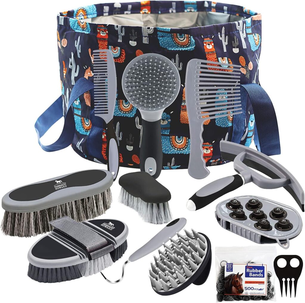 Harrison Howard Horse Grooming Kit 11-Piece Equine Care Series-Dark Charcoal