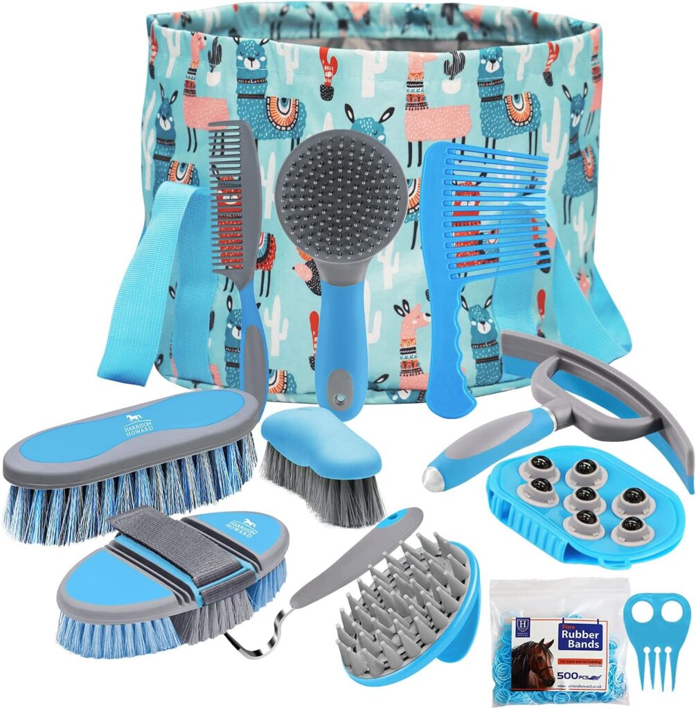 Harrison Howard Horse Grooming Kit 11-Piece Equine Care Series-Light Blue