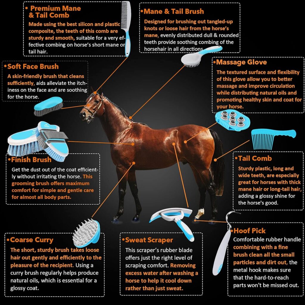 Harrison Howard Horse Grooming Kit 11-Piece Equine Care Series-Light Blue