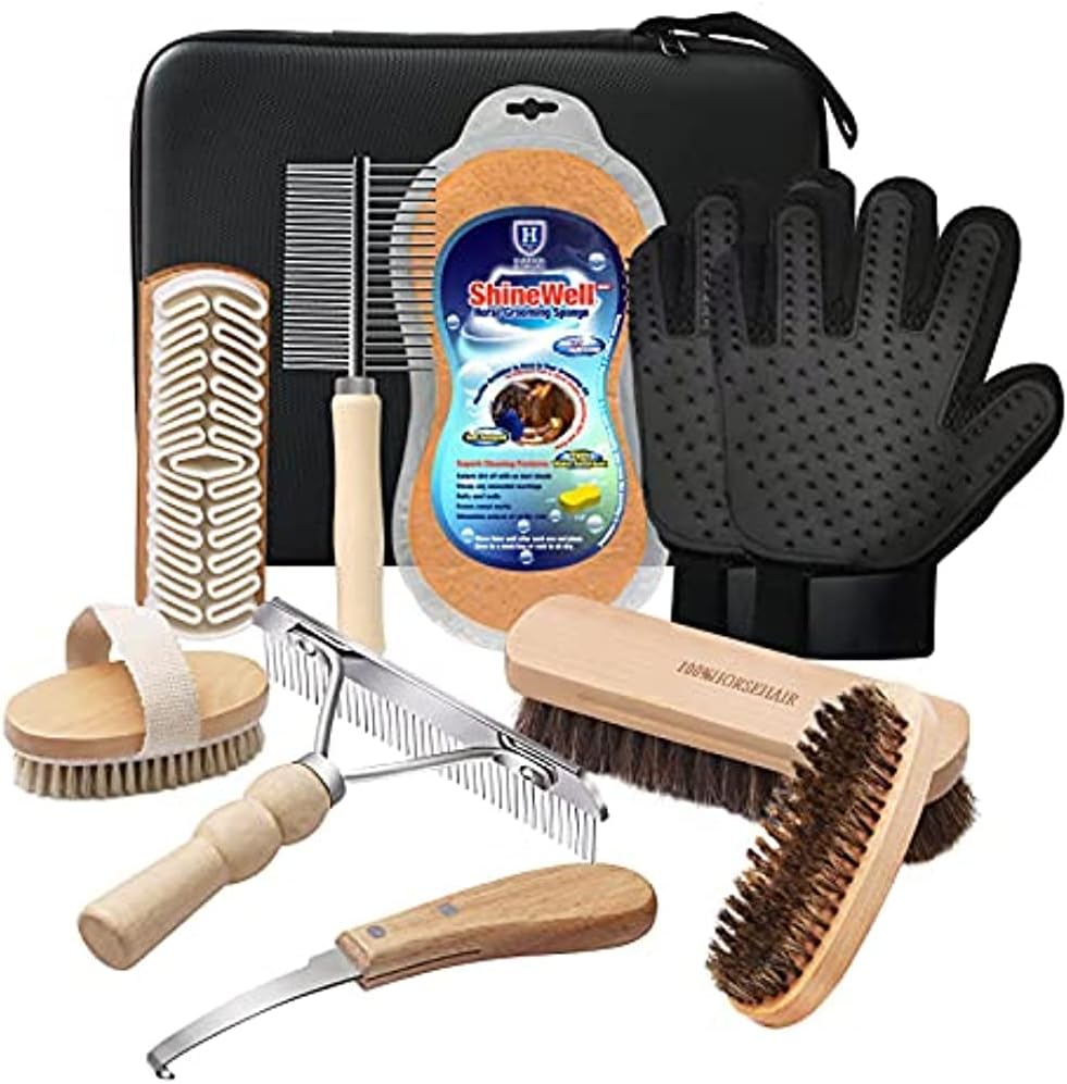 Harrison Howard ShineWell Horse Grooming Kit (9-Piece) Wooden Brush Set with Storage Case Tack Room Supplies Shedding Grooming Massaging Tools