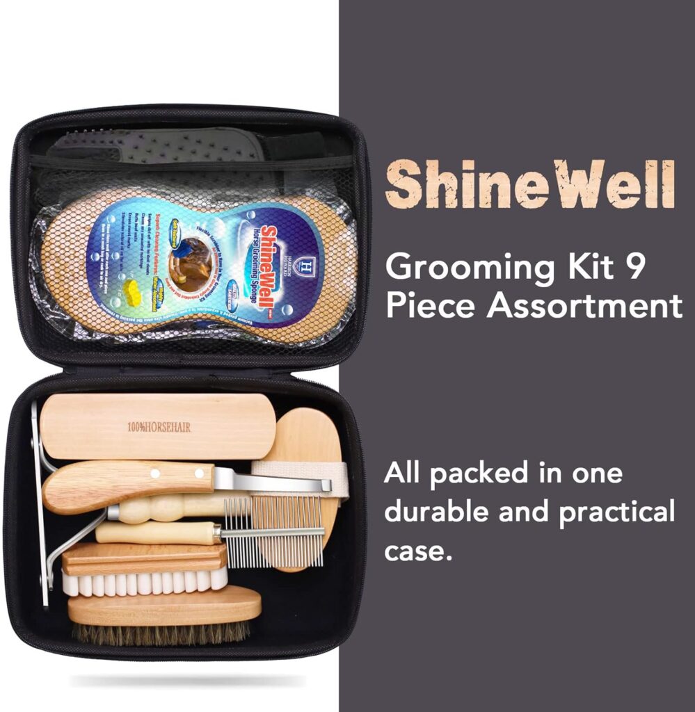 Harrison Howard ShineWell Horse Grooming Kit (9-Piece) Wooden Brush Set with Storage Case Tack Room Supplies Shedding Grooming Massaging Tools