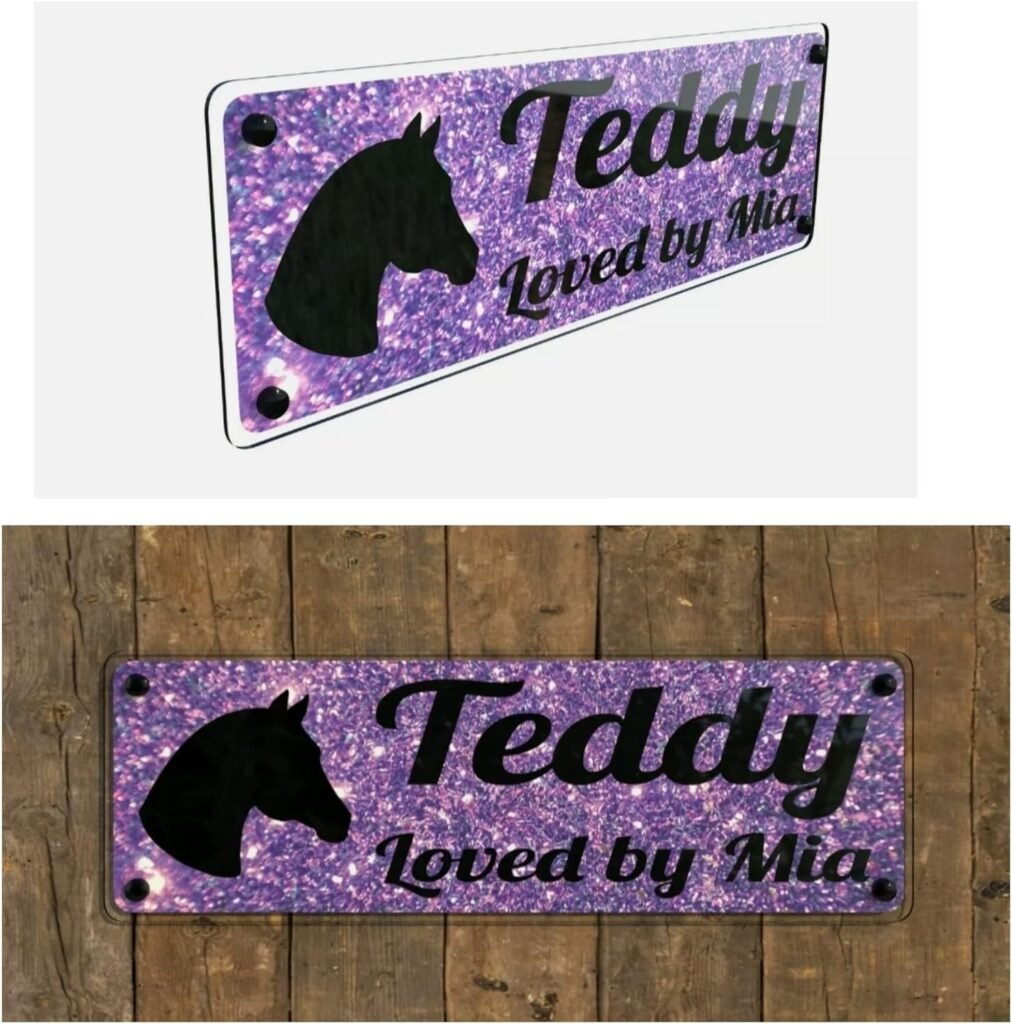Tags4Nags Horse Name Stable Plate Purple glitter effect Design with black writing horse lover gift girl boy