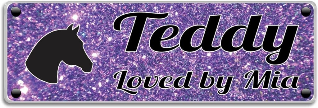 Tags4Nags Horse Name Stable Plate Purple glitter effect Design with black writing horse lover gift girl boy
