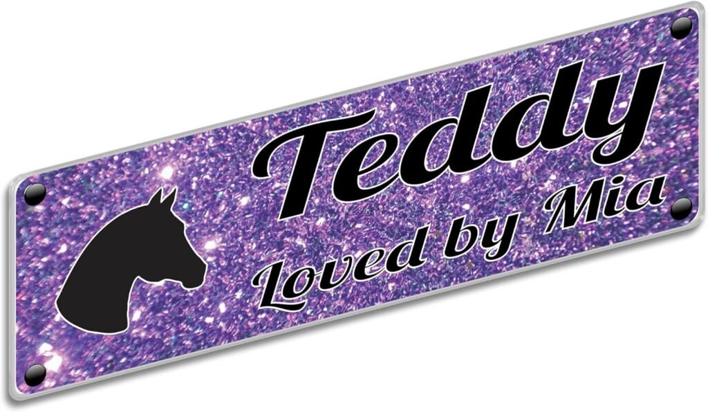 Tags4Nags Horse Name Stable Plate Purple glitter effect Design with black writing horse lover gift girl boy