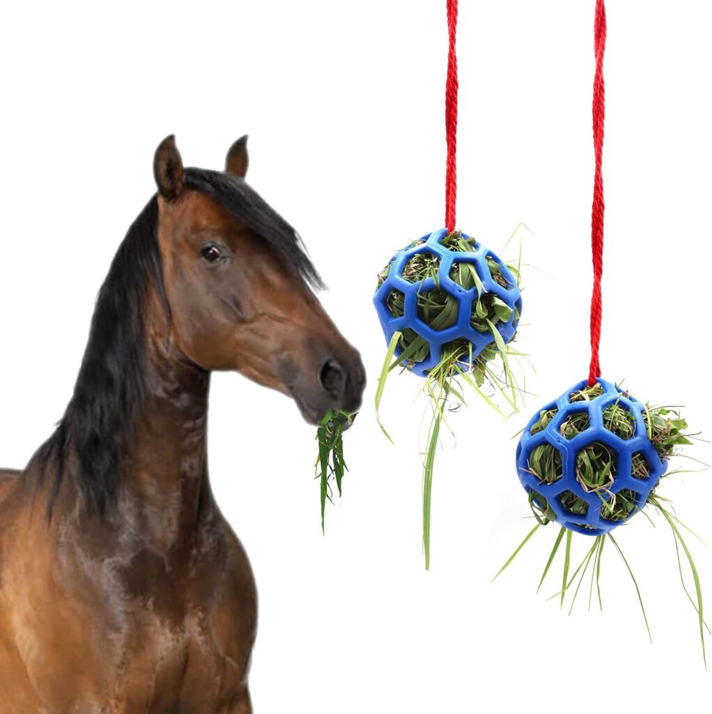 2pcs Horse Treat Ball Hay Feeder Toy Ball Hanging Feeding Toy for Horse Horse Goat Sheep Relieve Stress, Horse Stable Stall Paddock Rest (Blue)