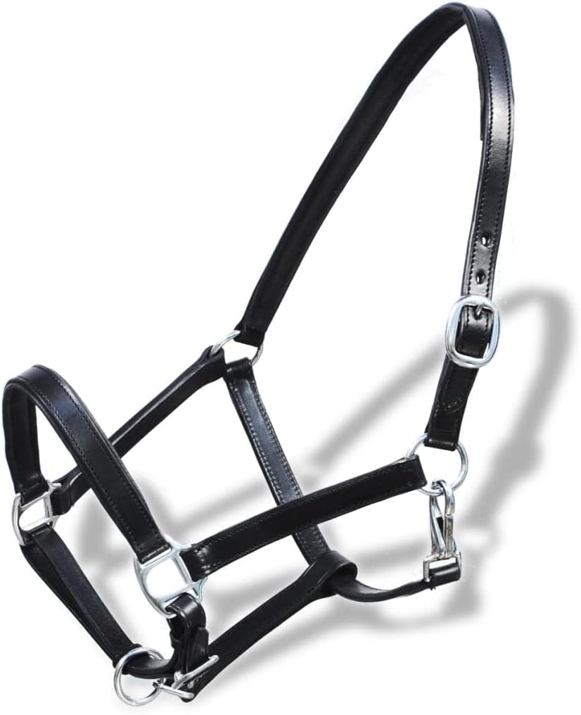 DCRAF Real Leather Headcollar Stable Halter Adjustable Black Cob