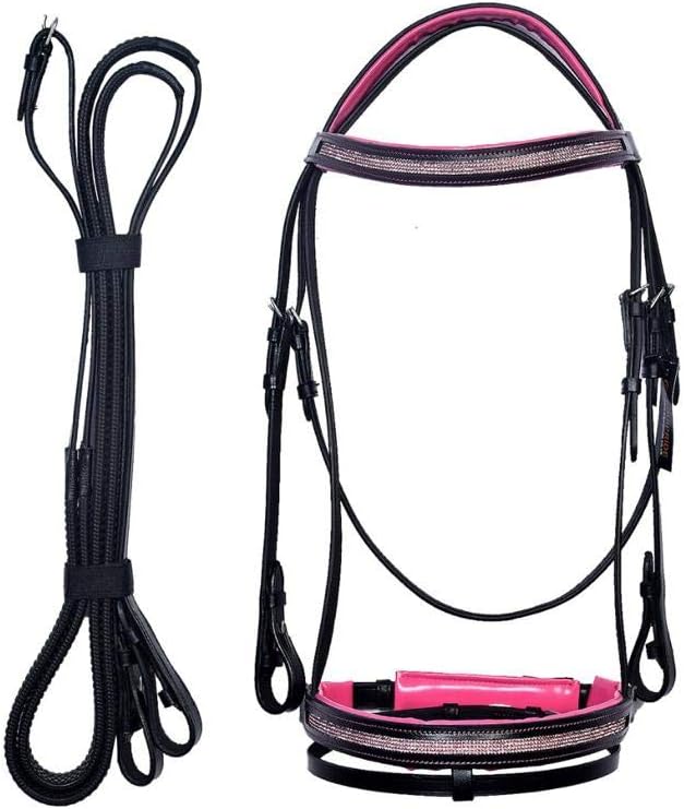 Equipride Diamante Bling Bridle with Crystal on Noseband Rubber Grip Reins Pink (Mini Shetland, Brown)