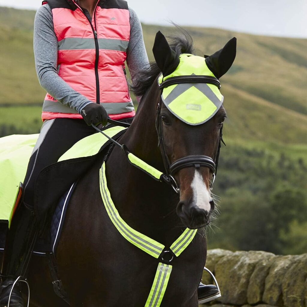 Masta Hi Vis Fly Veil for Horses | Equestrian High Visibility Reflective Ear Bonnet for Cob Full Pony Horse | Lightweight Breathable Comfortable Fabric | Yellow, Size FULL