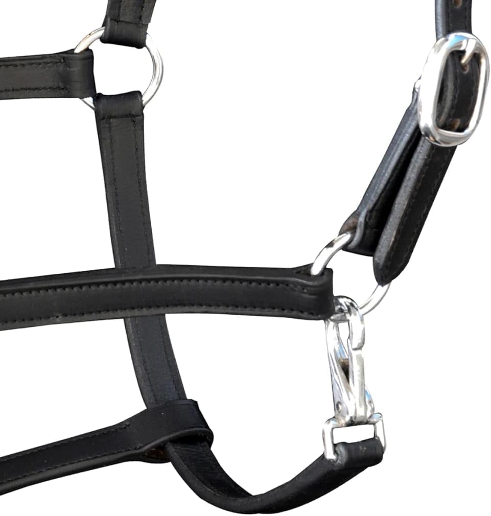 TECHPO Real Leather Headcollar Stable Halter Adjustable Black Cob