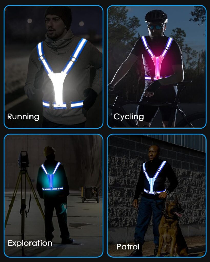 Zacro LED Reflective Vest Gear - Running Vest with 5 Light Colors, 3 Light Modes, USB Rechargeable, Adjustable Waist Shoulder - High Visibility Light Up Reflective Gear for Night Walking, Cycling